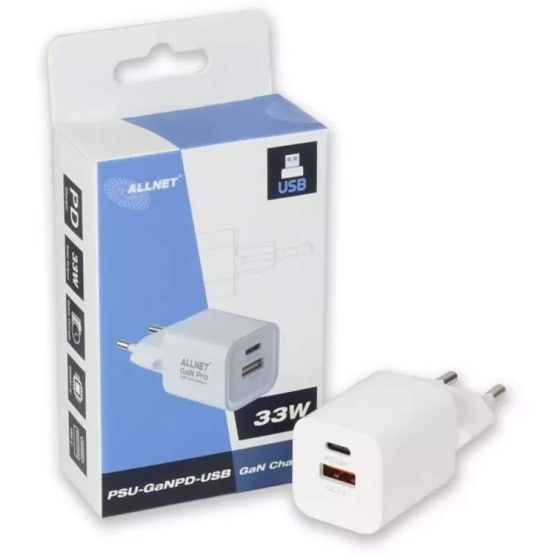 Netzteil ALLNET PSU-GaNPD-USB-1A1C-45W USB-C PD und USB-A QC 45W GaN-Ladegerät