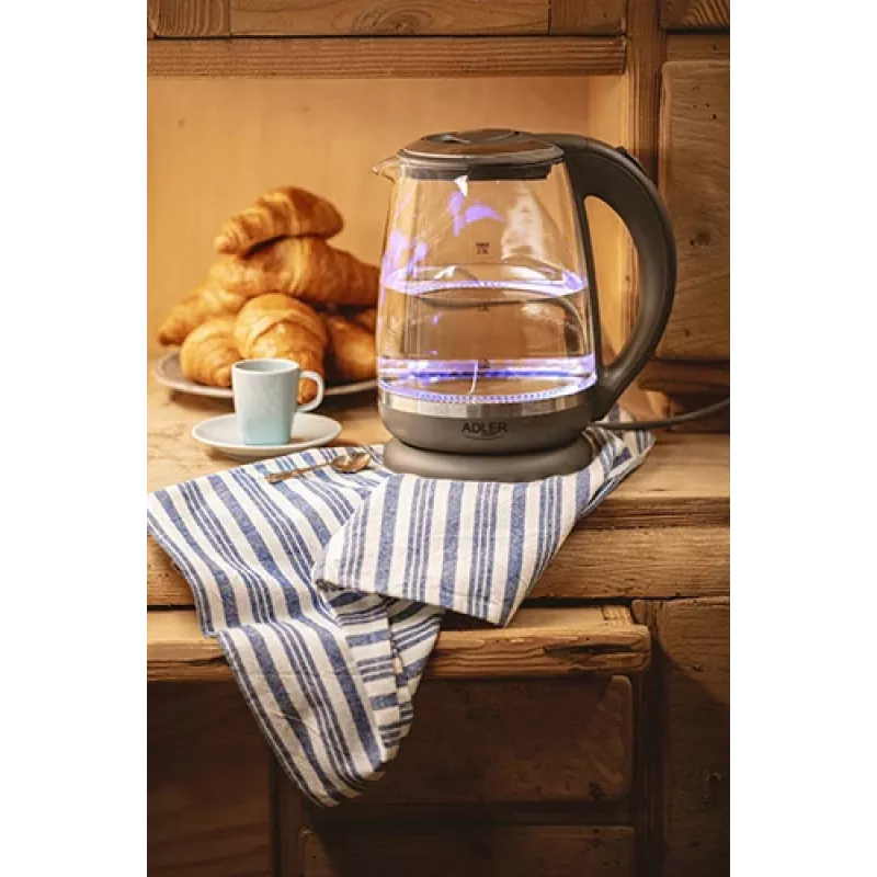 Adler | Wasserkocher | AD 1286 | Standard | 2200 W | 2 L | Kunststoff/Glas | 360° drehbare Basis | Grau/Transparent