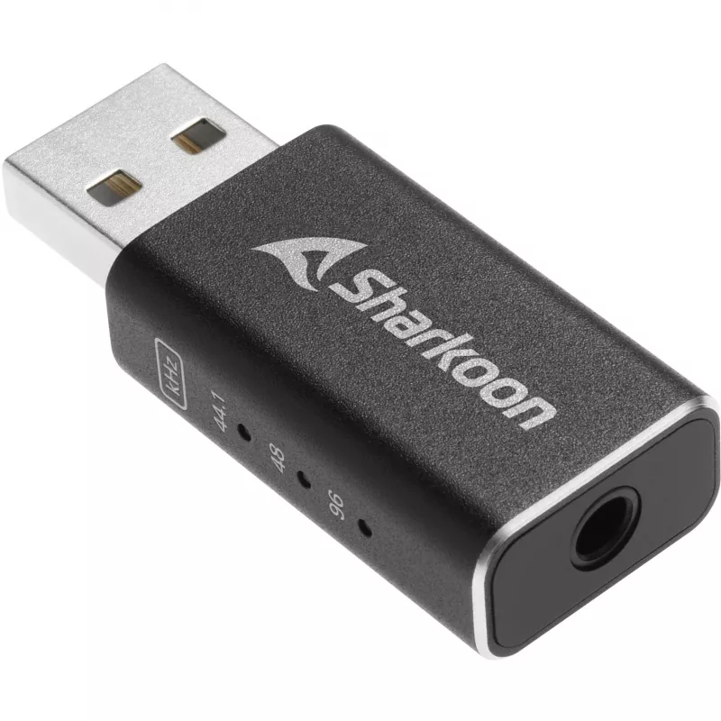 Interner USB-Typ-A-auf-3,5-mm-DAC-Adapter Sharkoon DAC Pro S — 2 V Ausgang, schwarz, kompakt (42 × 17,3 × 9,7 mm)