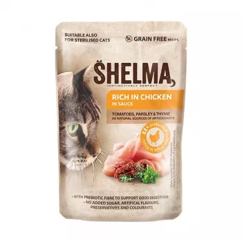 Nassfutter für Katzen SHELMA Reich an Huhn in Sauce 85 g — Alleinfuttermittel für ausgewachsene Katzen, 10 % Protein, 81 % Feuchtigkeit