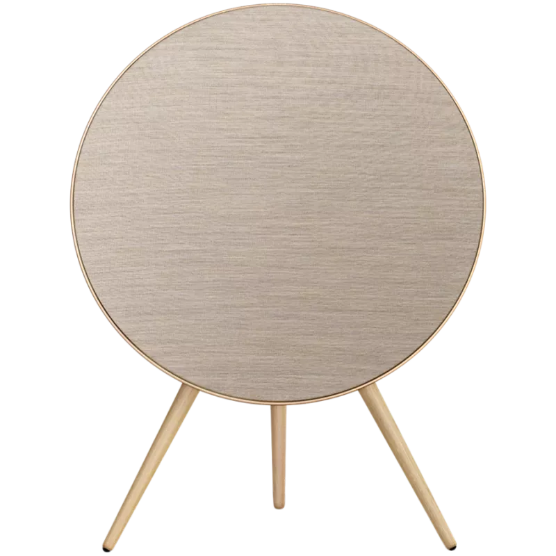 Beosound A9 5. Generation Lautsprecher Goldton (Rückseite Sand/Abdeckung Gold/Beine Weißeiche)