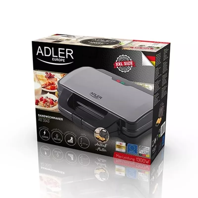 Sandwichmaker Adler AD 3043, 1300 W, Antihaftplatten, 2 Sandwiches, Kochfläche 285 × 152 mm, schwarz