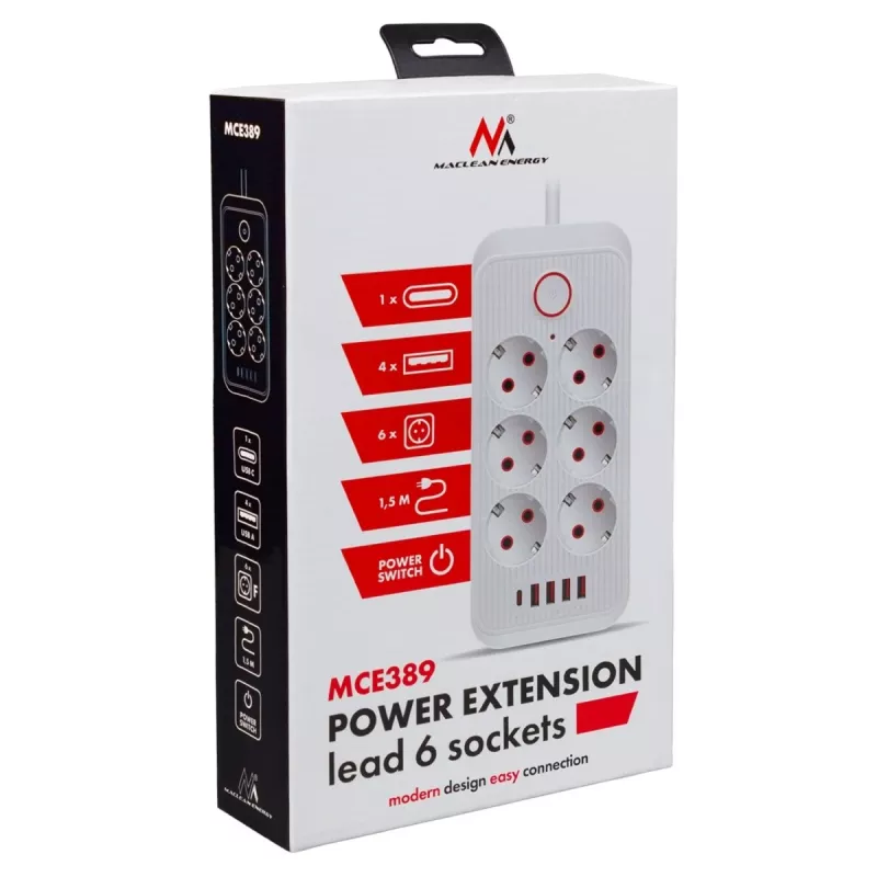 Steckdosenleiste MACLEAN MCE389 W — 6 Steckdosen, 4×USB-A, 1×USB-C, 2500W, 110–240V, 1,5 m Kabel, weiß