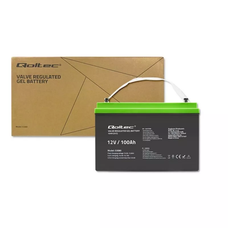 Gel-Batterie QOLTEC 53080 12V 100Ah — verschlossene wiederaufladbare Batterie für Notstromversorgung