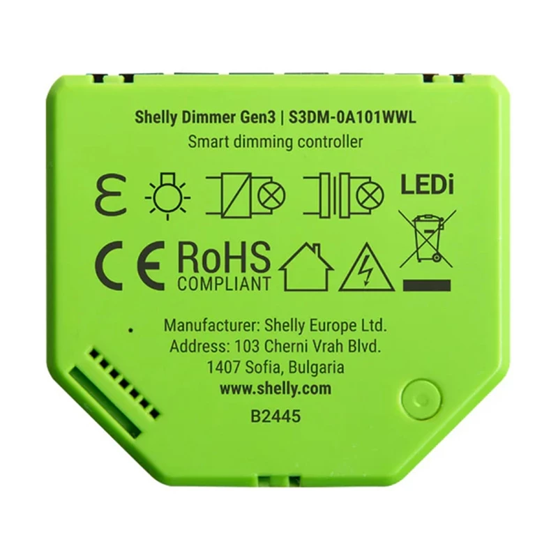 Einbaudimmer Shelly Dimmer Gen3 — LED max. 150W, Halogen max. 200W, 220–240V, kabellos, schwarz/lime