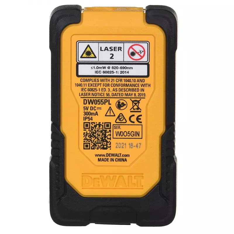 Laser-Entfernungsmesser DeWalt DW055PL-XJ, Reichweite 0–16 m, Genauigkeit ±6 mm, 3,7V-Akku, USB-Kabel