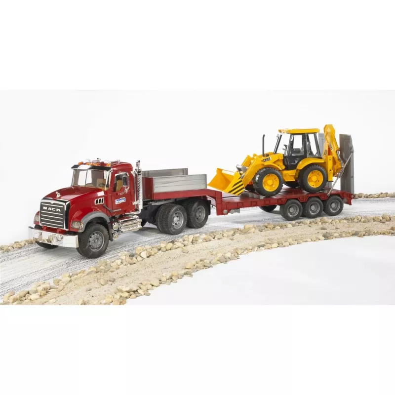 Spielzeug-Sattelzug mit JCB 4CX Zubehör, BRUDER, Modell BR-02813, ABS-Konstruktion, mehrfarbig
