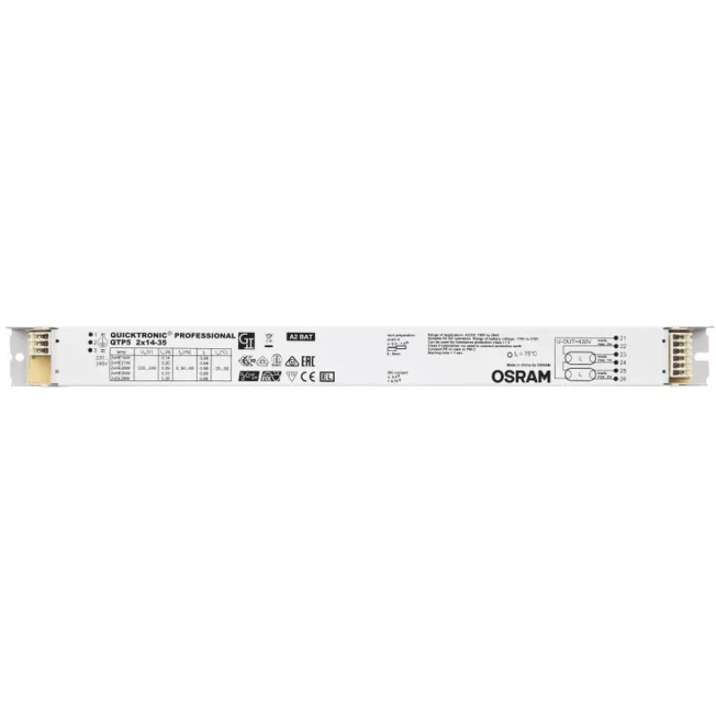 Ballast/LED-Treiber Osram QTP5 2X14…35, Lebensdauer 100000 h, Eingang 198–264 V, 50/60 Hz, 24 A, -20–50 °C, 30×360×21 mm