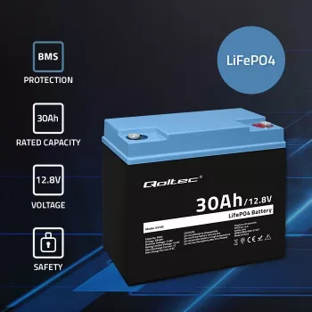 Wiederaufladbare LiFePO4-Batterie QOLTEC 12,8V 30Ah 384Wh mit BMS