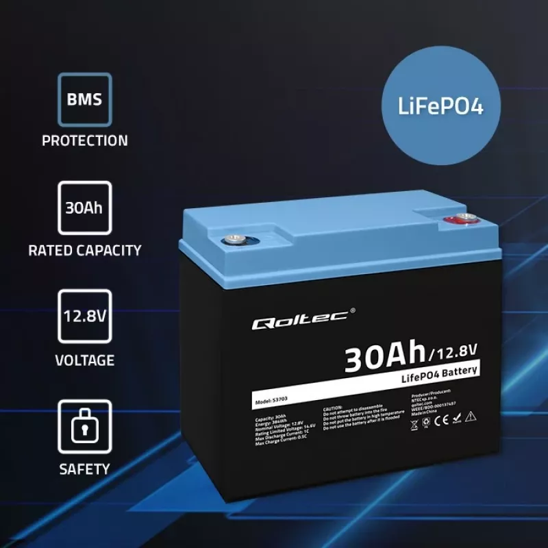 Wiederaufladbare LiFePO4-Batterie QOLTEC 12,8V 30Ah 384Wh mit BMS