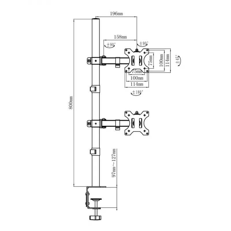 Maclean MC-967 Doppelter vertikaler Monitor-Tischhalterung Bildschirmhalter max. VESA 100x100, 13-27, 2x 9 kg, pulverbeschichtet, neigbar, drehbar, verstellbar