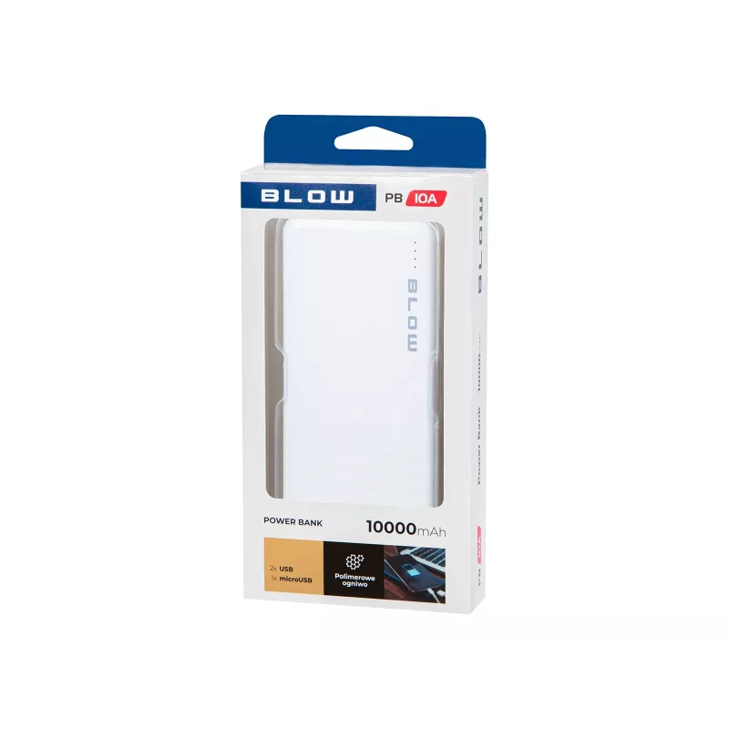 Tragbares Ladegerät Powerbank BLOW PB10A 10000mAh (37Wh), 2x USB-A-Ausgänge, 22,5W gesamt, Micro-USB-Eingang, Polymer-Akku