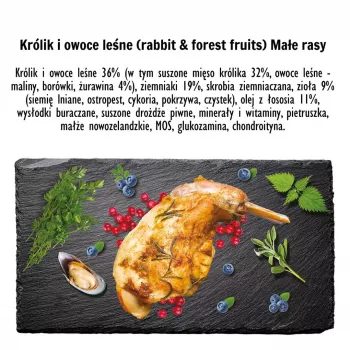 Trockenfutter PAKA ZWIERZAKA Kaninchen mit Waldfrüchten S 3 kg — für ausgewachsene Hunde kleiner und mittlerer Rassen, 29 % Protein, 16 % Fett, gluten- und sojafrei