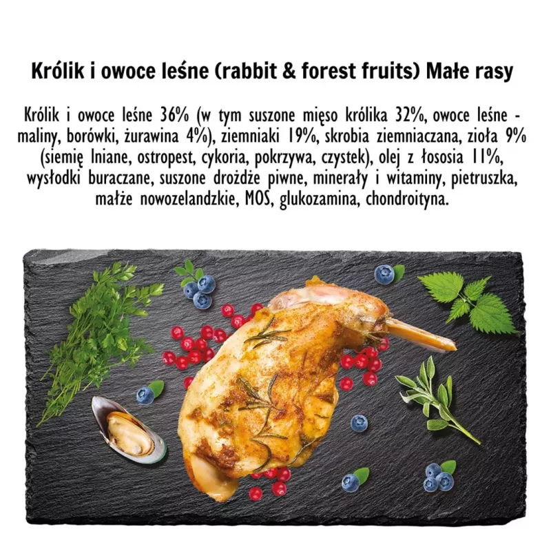 Trockenfutter PAKA ZWIERZAKA Kaninchen mit Waldfrüchten S 3 kg — für ausgewachsene Hunde kleiner und mittlerer Rassen, 29 % Protein, 16 % Fett, gluten- und sojafrei