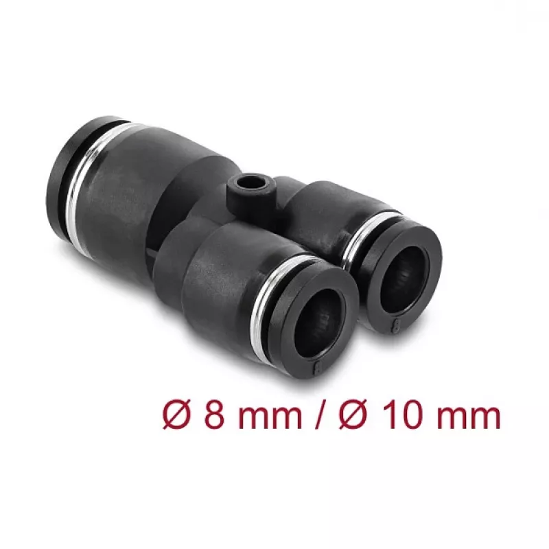 Pneumatischer Y-Verbinder DELOCK 2×8 mm → 1×10 mm mit Befestigungsloch, Metall/Kunststoff, 44 mm