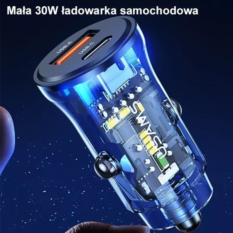 Autoladegerät usams CC164CC01 30W mit 1×USB-A und 1×USB-C für schnelles Laden