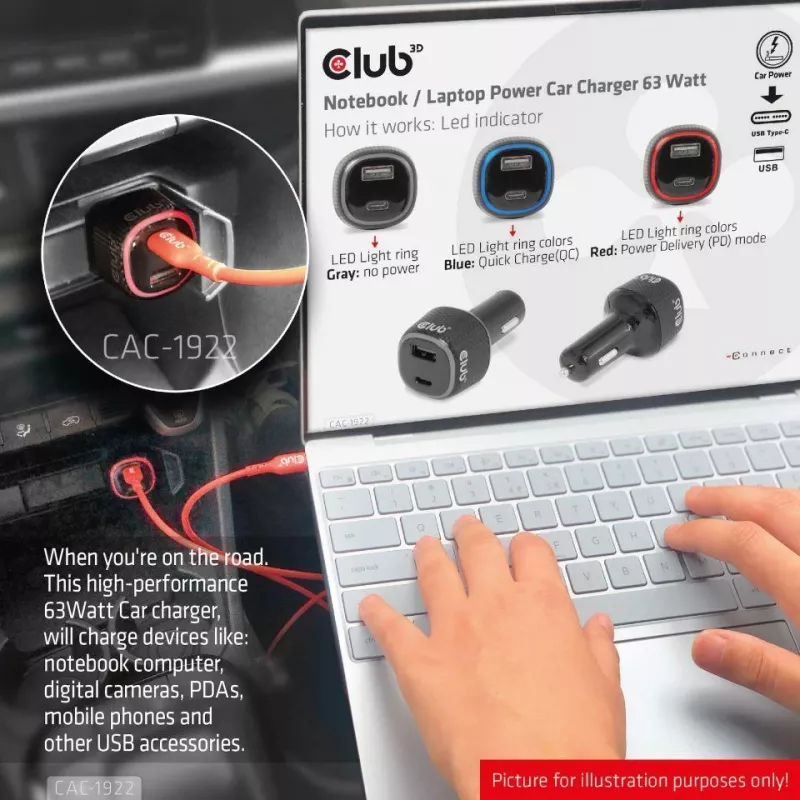 CLUB3D Notebook-/Laptop-Autoladegerät 63 Watt, Auto, Zigarettenanzünder, 24 V, Schwarz