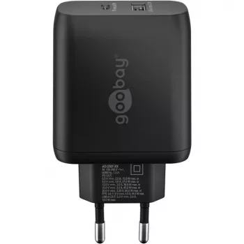 USB-C Dual-Fast Charger, PD, GaN, 65 Watt (schwarz, 1x USB-C, 1x USB-A, Power Delivery)