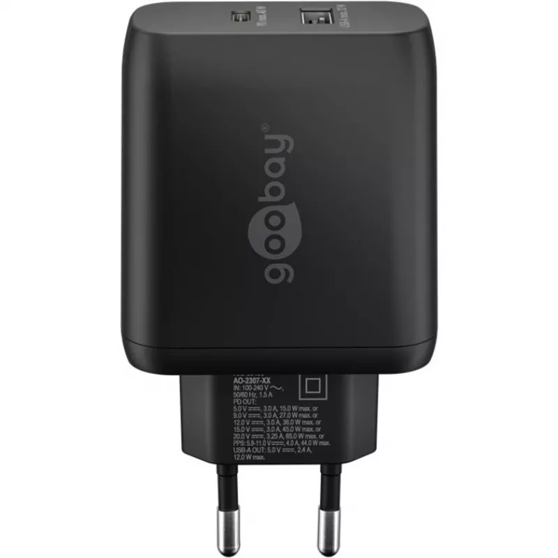 USB-C Dual-Fast Charger, PD, GaN, 65 Watt (schwarz, 1x USB-C, 1x USB-A, Power Delivery)