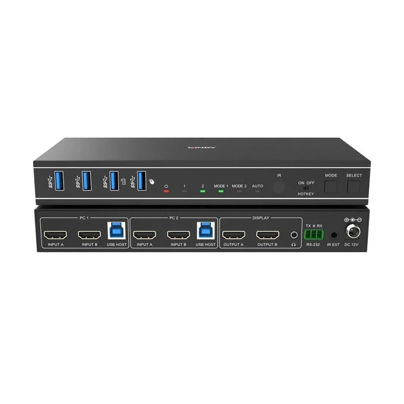 Lindy 2 Port Dual Head HDMI 4K60, USB 3.0 KVM-Switch, 4096 x 2160 Pixel, 4K Ultra HD, Schwarz
