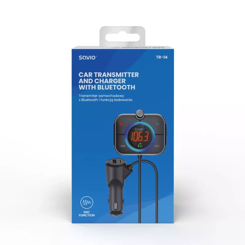 FM-Transmitter SAVIO TR-14 Bluetooth USB, FM 87,6–107,9 MHz, MicroSD, USB-C, 12 V Autostrom
