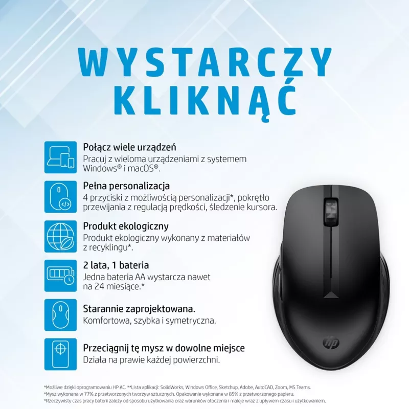 HP 435 Multi-Device Wireless-Maus, beidhändig, RF Wireless + Bluetooth, 4000 DPI, Schwarz