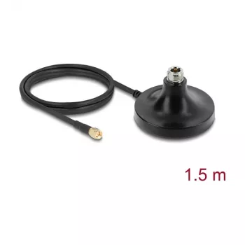 Antennen-Magnetfuß DELOCK ULA100 – 1 x N-Buchse auf 1 x SMA-Stecker, 1,5 m Kabel, Outdoor, Schwarz