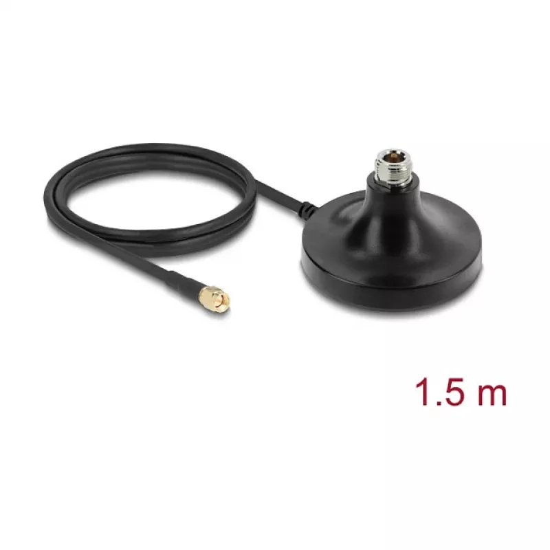 Antennen-Magnetfuß DELOCK ULA100 – 1 x N-Buchse auf 1 x SMA-Stecker, 1,5 m Kabel, Outdoor, Schwarz