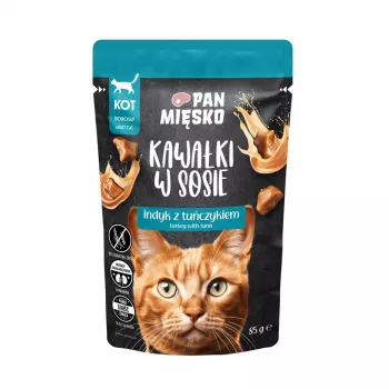 Nassfutter für Katzen Pan Mięsko Truthahn mit Thunfisch 85 g — Vollwertiges Nassfutter für erwachsene Katzen, 81 % Feuchtigkeit, 10,5 % Protein