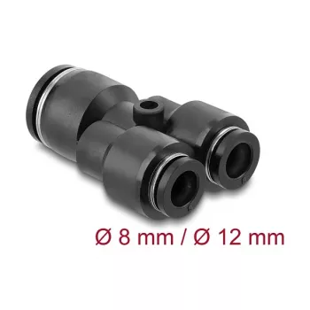 Pneumatischer Y-Verbinder DELOCK 2×8 mm auf 1×12 mm mit Befestigungsloch, Metall/Kunststoff, Innengewinde, 50,5 mm