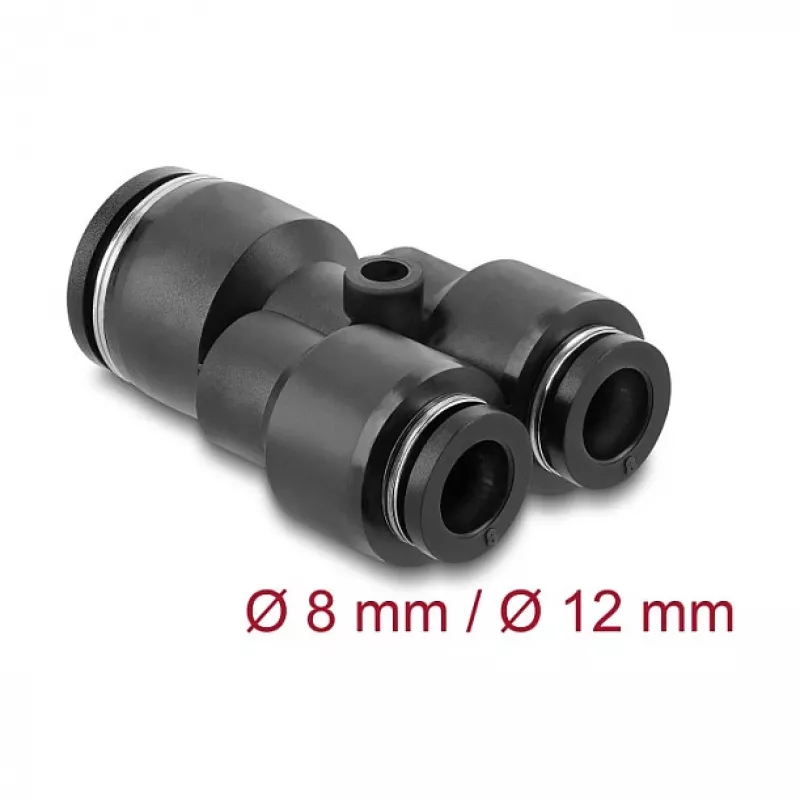 Pneumatischer Y-Verbinder DELOCK 2×8 mm auf 1×12 mm mit Befestigungsloch, Metall/Kunststoff, Innengewinde, 50,5 mm