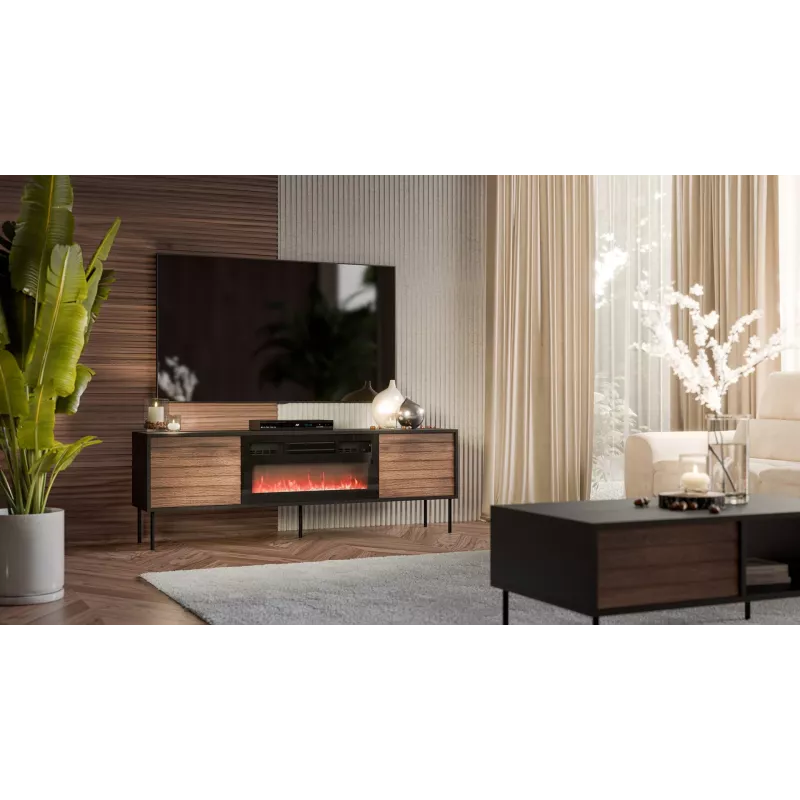 TV-Schrank cama meble CORTINA 180x40x60 cm schwarz/nussbaum mit Schwarz elektrischem Kamin