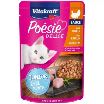 Nassfutter für Katzen Vitakraft Poésie Delice Junior — Pute 85 g Beutel, 84 % Feuchtigkeit, 8,5 % Protein