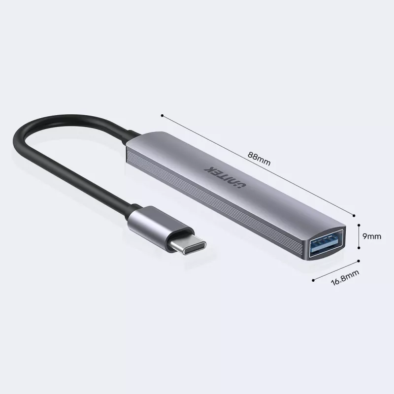 USB-C-Hub Unitek H1208B — 1x USB-A 5 Gbit/s, 3x USB-A 2.0, USB-C-Host, Aluminiumgehäuse, 0,20 m Kabel