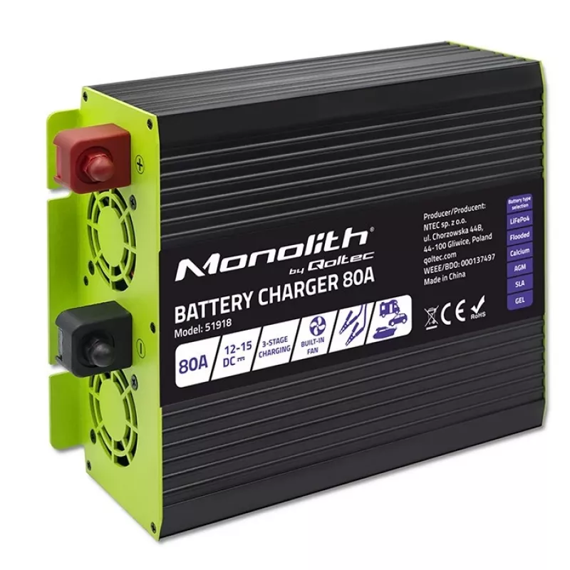 Batterieladegerät QOLTEC 51918 80A 12V – Ladegerät für LiFePO4, AGM, GEL, SLA Batterien