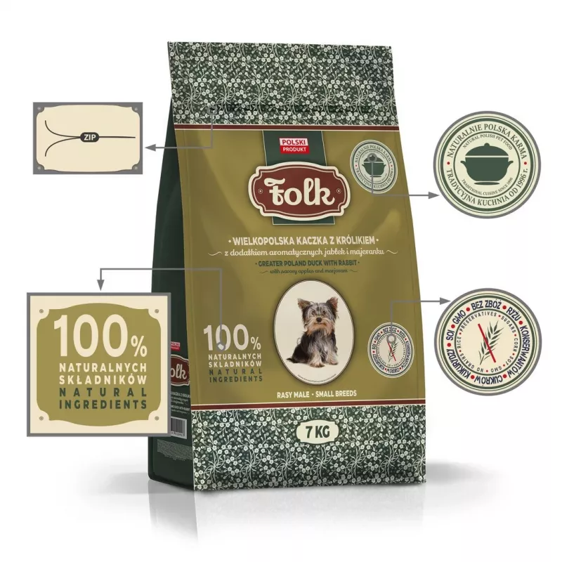 FOLK Small breeds Traditional Greater Poland Ente mit Kaninchen, Äpfeln und Majoran - Trockenfutter für Hunde - 7kg