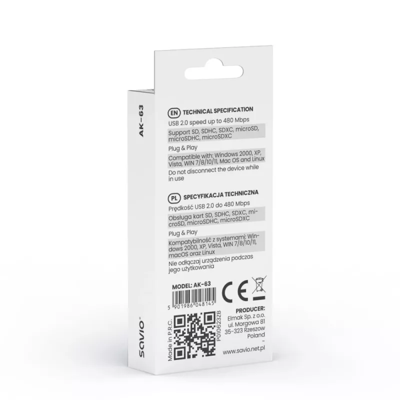 SD-Kartenleser, USB 2.0, 480 Mbit/s, AK-63 Savio SAVAK-63