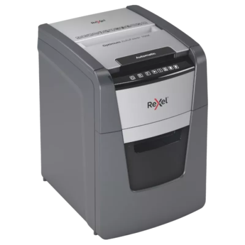 Aktenvernichter REXEL Optimum AutoFeed+ 100X — 100-Blatt automatische Zufuhr, 4 x 28 mm Kreuzschnitt, 34 L Auffangbehälter, Aluminium