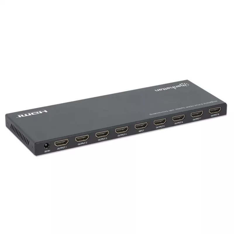 Manhattan 4K@60Hz 8-Port HDMI-Splitter mit Downscaling, verteilt ein HDMI-Eingangssignal auf acht HDMI-Ausgänge (1x8), 18G, EDID-Schalter für Downscaling, Schwarz