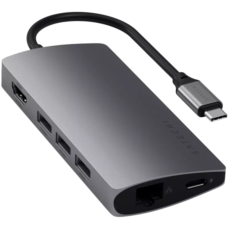 Satechi Aluminium Adapter V2 USB-C (USB-C, 3x USB-A, 4K HDMI, Kartenleser micro/SD, Ethernet) (Starlight Grey)