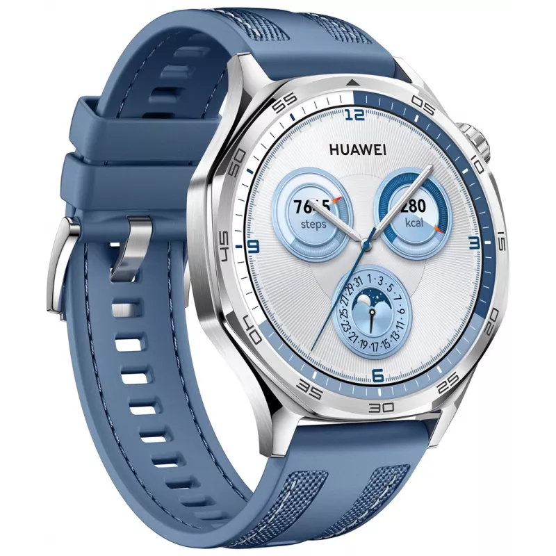 Smartwatch HUAWEI WATCH GT5 46mm – 1,43 Zoll AMOLED, GPS, 524 mAh, Edelstahlgehäuse, blaues gewebtes Armband