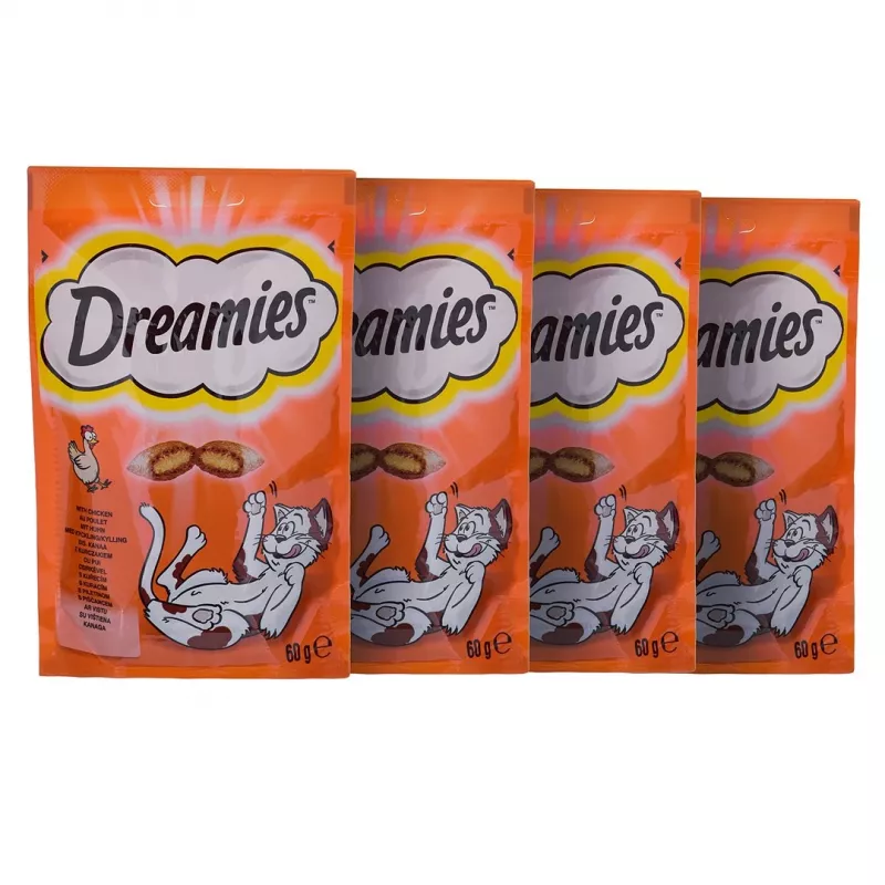 Katzenleckerli Dreamies Cheese, Chicken, Salmon Sortiment 12×60 g — fleischhaltige feste Snacks, Protein 31%, Fett 21%