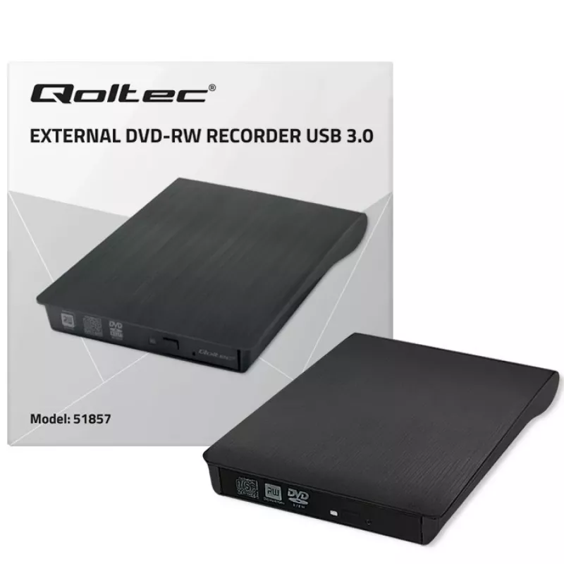 Externes DVD‑RW-Laufwerk QOLTEC 51857 — USB 3.0, SATA-Schnittstelle, DVD±R 8x, DVD±RW 4x, DVD‑RAM 5x, CD 24x, schwarz