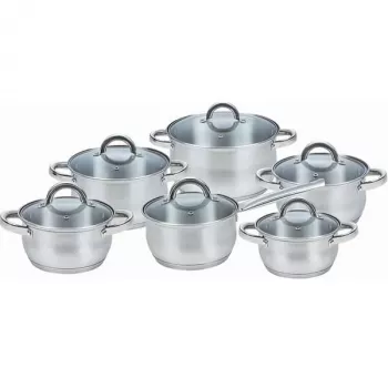 Kochtopfset Maestro MR-2120-12 — 12-teilige Edelstahl-Kollektion mit Antihaftbeschichtung, induktionsgeeignet, enthält 6 Kochtöpfe (16–24 cm) und Glasdeckel