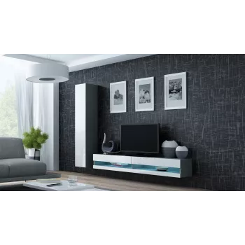 TV-Ständer Cama Meble VIGO NEW 30/140/40 — 1400×400×300 mm, graue Oberseite, Spanplatte, grauer Rahmen, weiße Hochglanzfronten