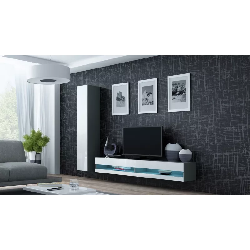TV-Ständer Cama Meble VIGO NEW 30/140/40 — 1400×400×300 mm, graue Oberseite, Spanplatte, grauer Rahmen, weiße Hochglanzfronten