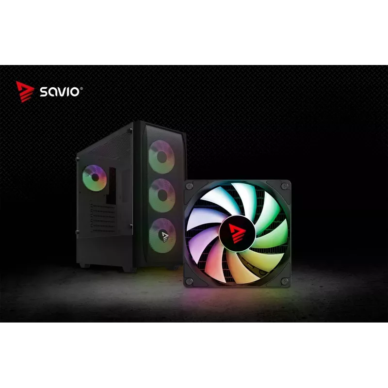 PC-Gehäuse SAVIO Noctis Flow RGB — Cube, ATX/Mini-ITX, 3x 120 mm Frontlüfter, Seitenfenster aus gehärtetem Glas, max. GPU 35 cm