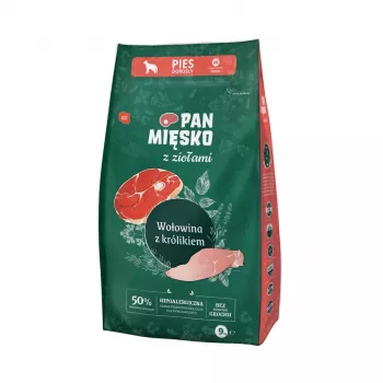 Trockenfutter für Hunde Pan Mięsko Rind mit Kaninchen und Kräutern Adult M, getreidefrei, 9 kg, 30% Protein, 20% Fett