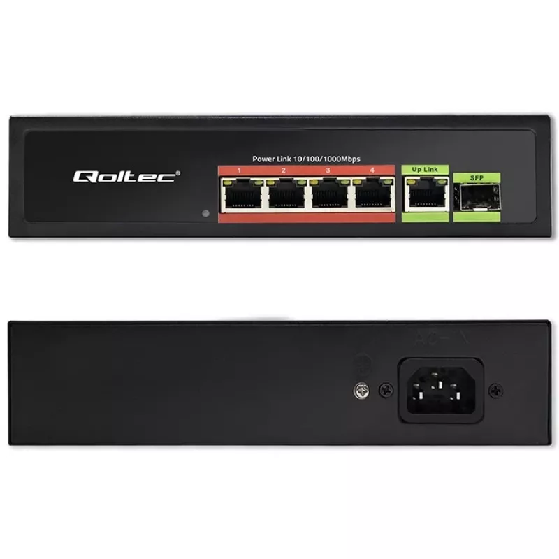 Ethernet PoE Switch QOLTEC 52296 — 4x RJ45 PoE-Ports, 1x RJ45 Uplink