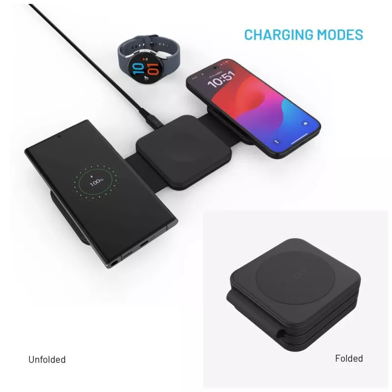 Kabelloses faltbares Ladegerät FIXED FIXFLE-SA-BK 3-in-1 für Samsung – kompaktes tragbares Ladegerät für Telefon, Ohrhörer, Wearables